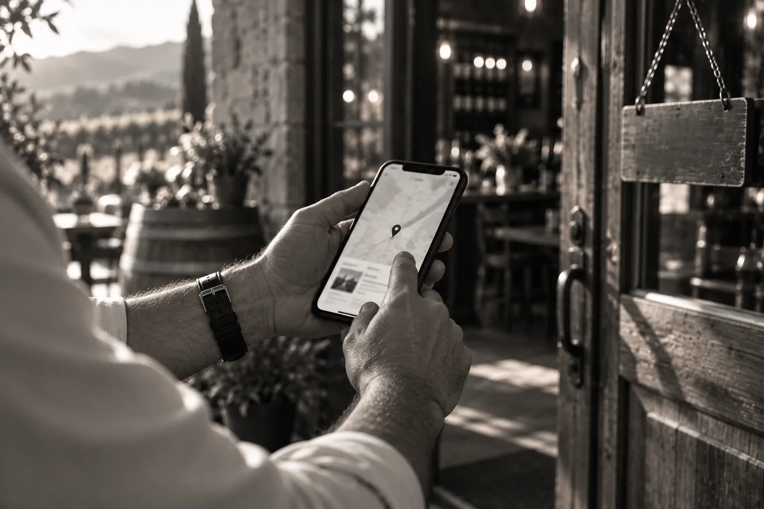 Hands holding a phone showing a map pin at the front door of a restaurant